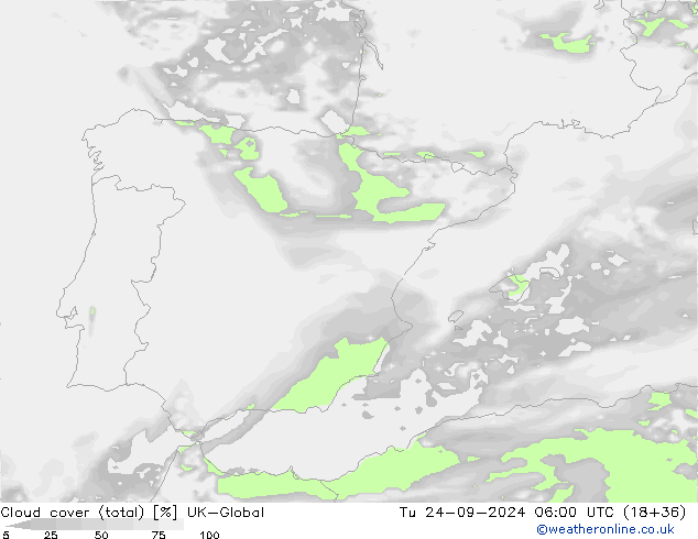 Bewolking (Totaal) UK-Global di 24.09.2024 06 UTC