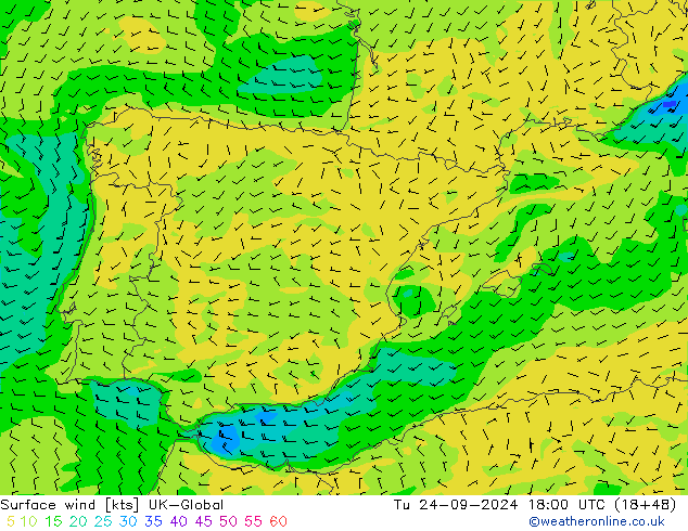 Viento 10 m UK-Global mar 24.09.2024 18 UTC