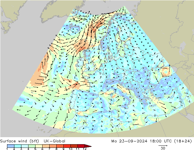 Viento 10 m (bft) UK-Global lun 23.09.2024 18 UTC