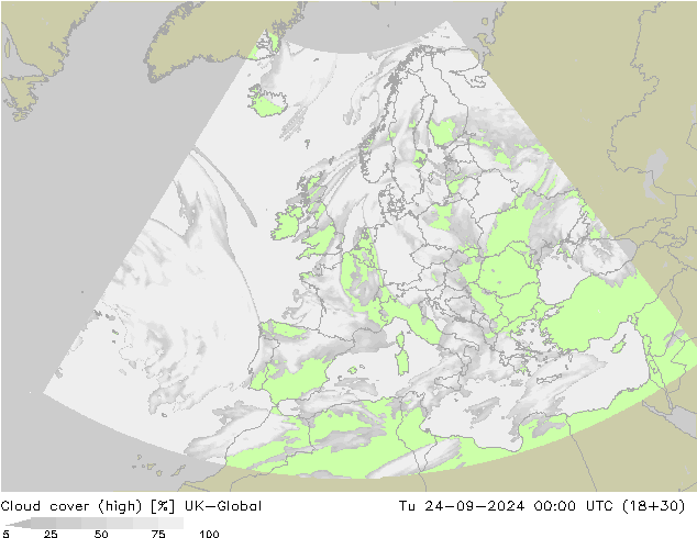 Cloud cover (high) UK-Global Tu 24.09.2024 00 UTC