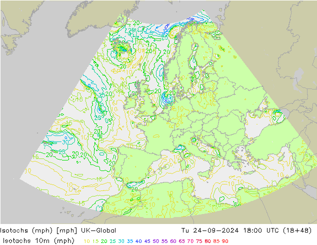 Isotachen (mph) UK-Global Di 24.09.2024 18 UTC