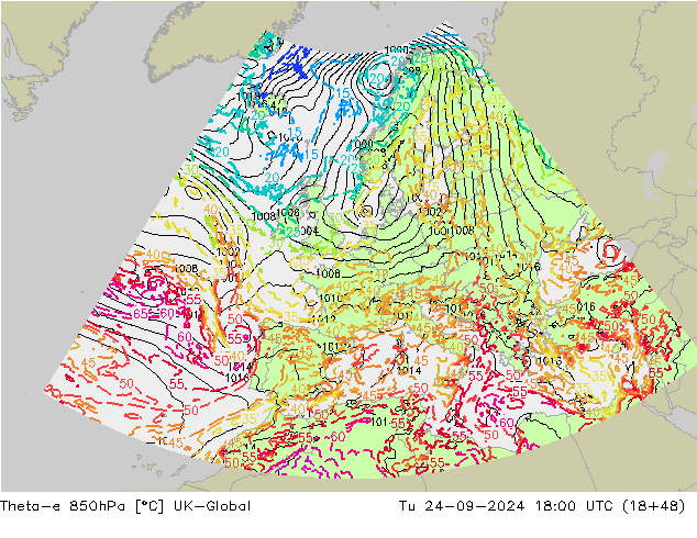 Theta-e 850hPa UK-Global Ter 24.09.2024 18 UTC