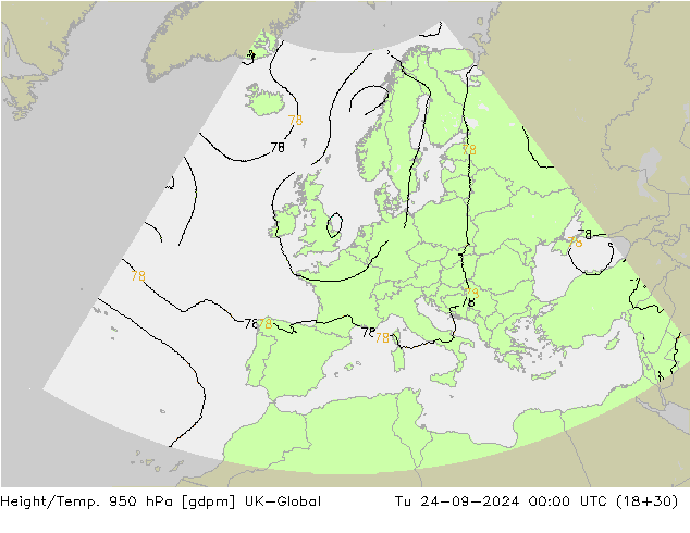 Height/Temp. 950 hPa UK-Global  24.09.2024 00 UTC