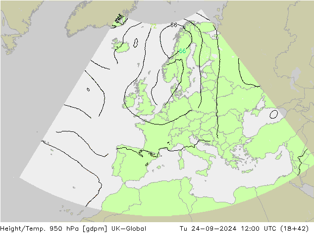 Height/Temp. 950 гПа UK-Global вт 24.09.2024 12 UTC