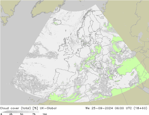 Bewolking (Totaal) UK-Global wo 25.09.2024 06 UTC