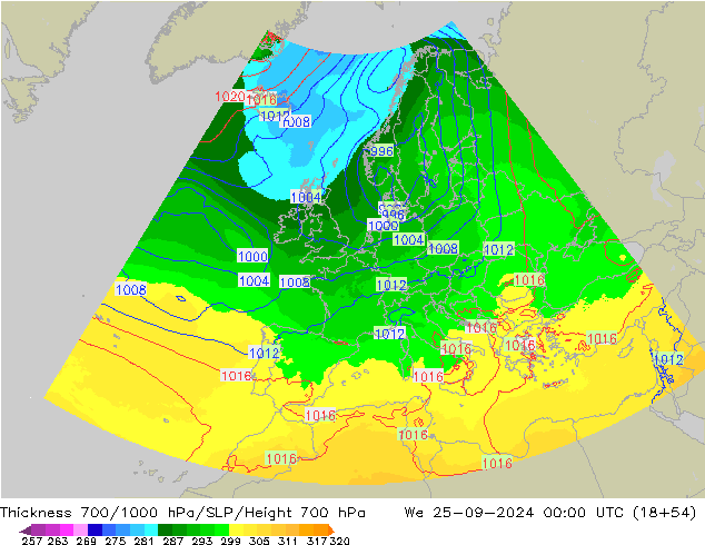 Schichtdicke 700-1000 hPa UK-Global Mi 25.09.2024 00 UTC