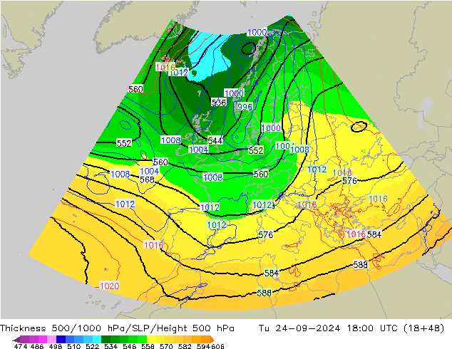 Schichtdicke 500-1000 hPa UK-Global Di 24.09.2024 18 UTC