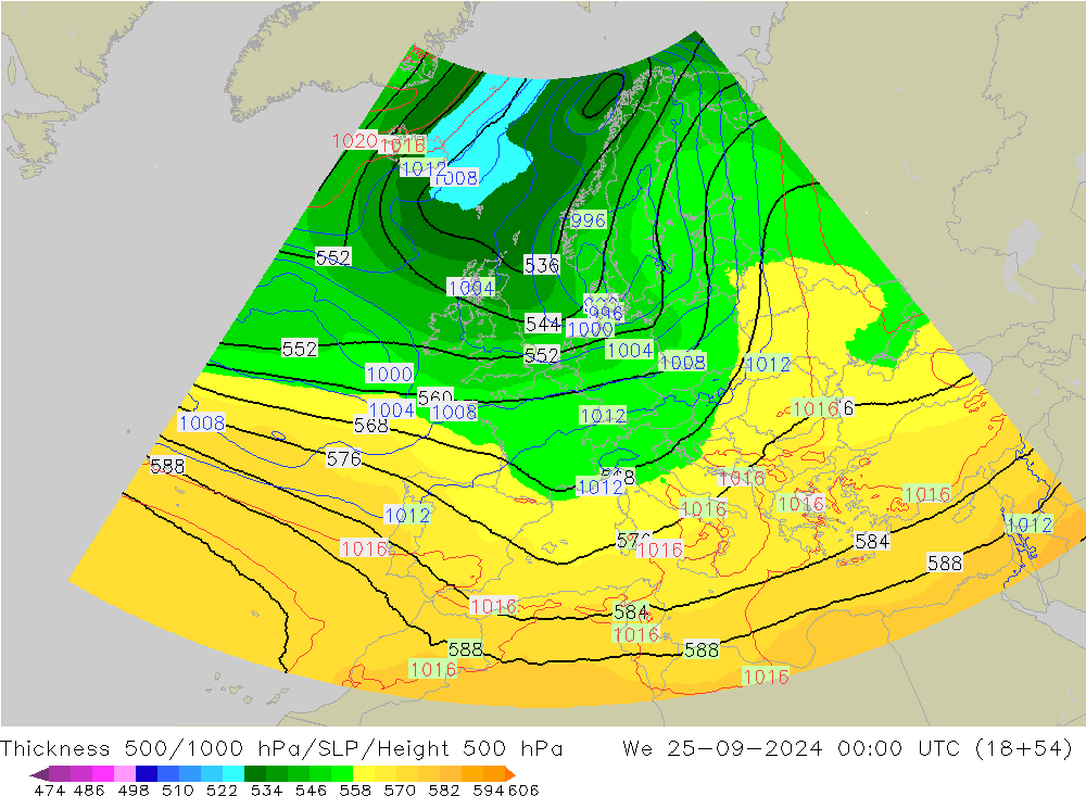 Thck 500-1000hPa UK-Global We 25.09.2024 00 UTC