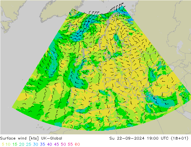 Surface wind UK-Global Ne 22.09.2024 19 UTC