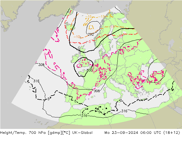 Height/Temp. 700 hPa UK-Global pon. 23.09.2024 06 UTC