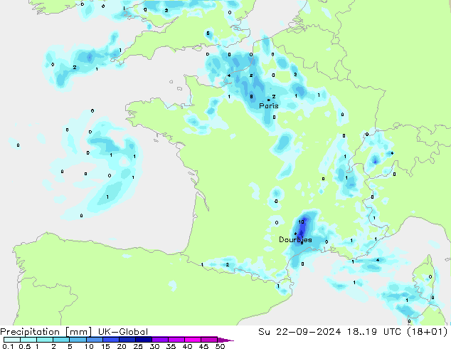 Precipitation UK-Global Su 22.09.2024 19 UTC