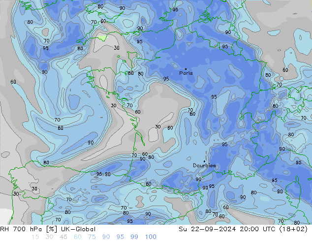 RH 700 hPa UK-Global So 22.09.2024 20 UTC