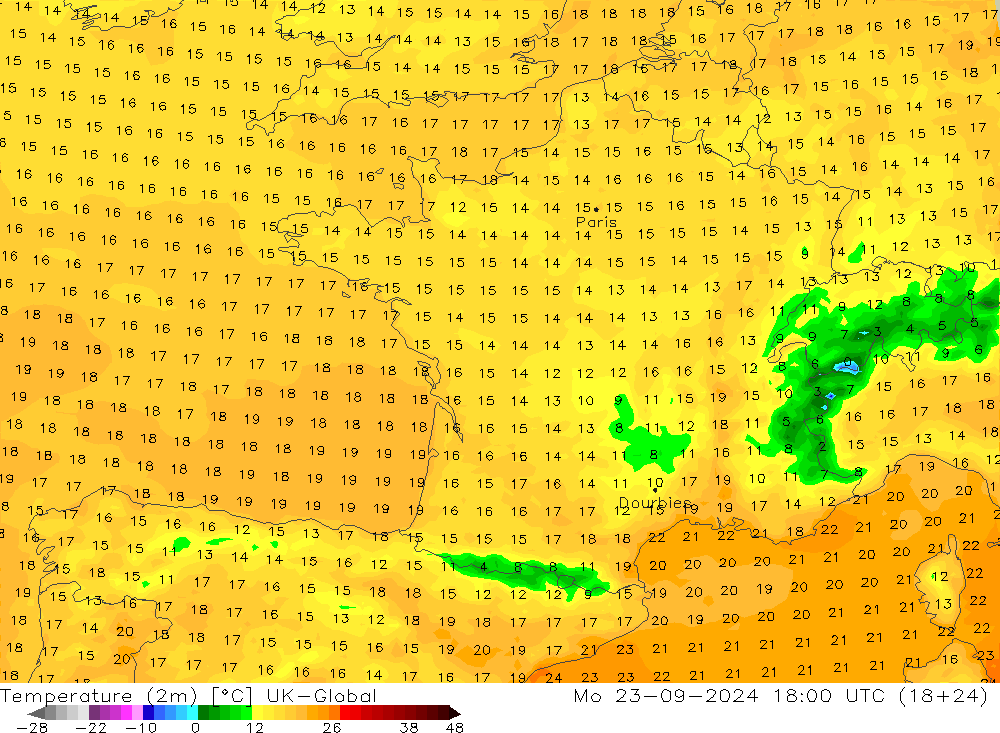 température (2m) UK-Global lun 23.09.2024 18 UTC