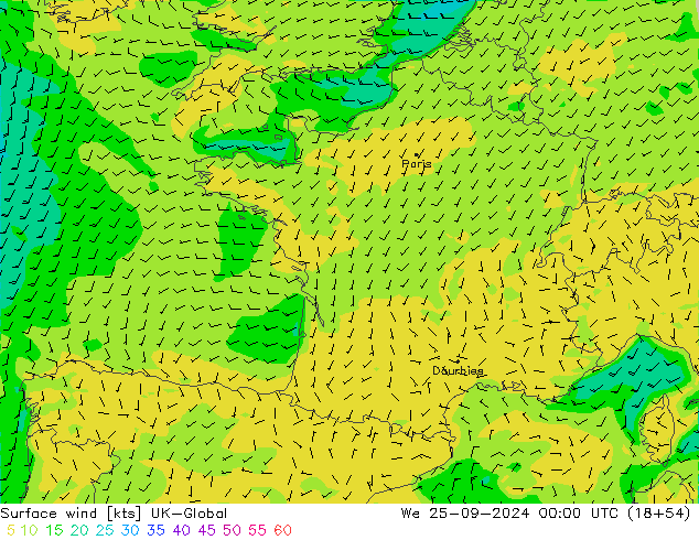 Vento 10 m UK-Global Qua 25.09.2024 00 UTC