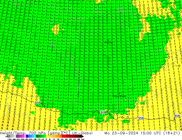 Height/Temp. 700 hPa UK-Global Mo 23.09.2024 15 UTC