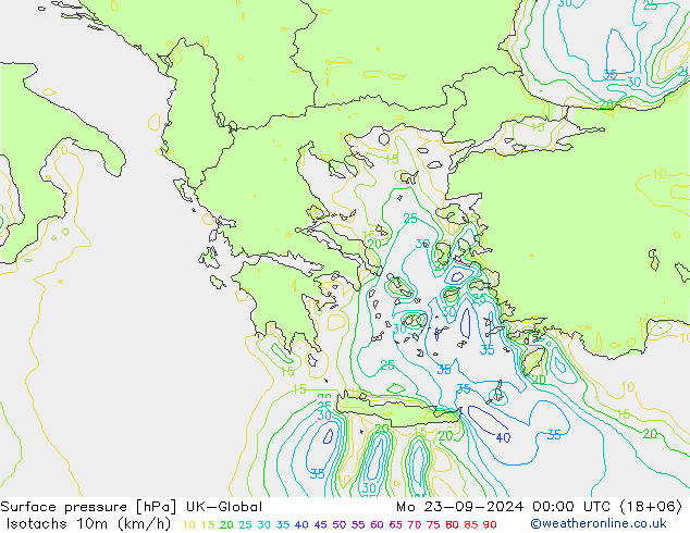 Isotachs (kph) UK-Global Mo 23.09.2024 00 UTC