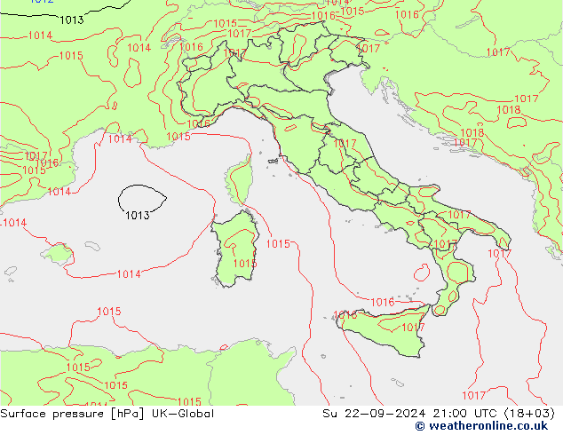 Pressione al suolo UK-Global dom 22.09.2024 21 UTC