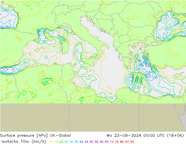 Isotachs (kph) UK-Global Mo 23.09.2024 00 UTC