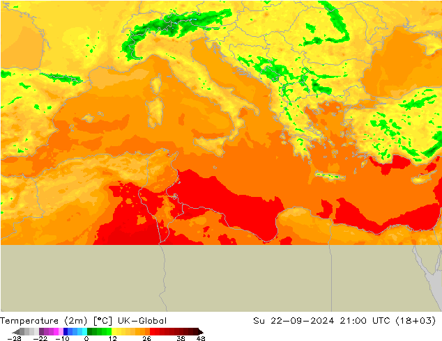 Sıcaklık Haritası (2m) UK-Global Paz 22.09.2024 21 UTC