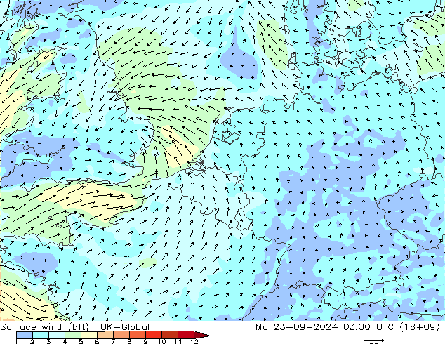Wind 10 m (bft) UK-Global ma 23.09.2024 03 UTC