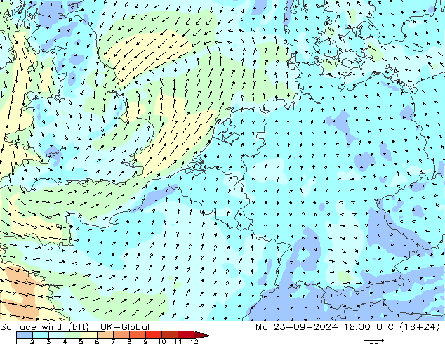 Rüzgar 10 m (bft) UK-Global Pzt 23.09.2024 18 UTC