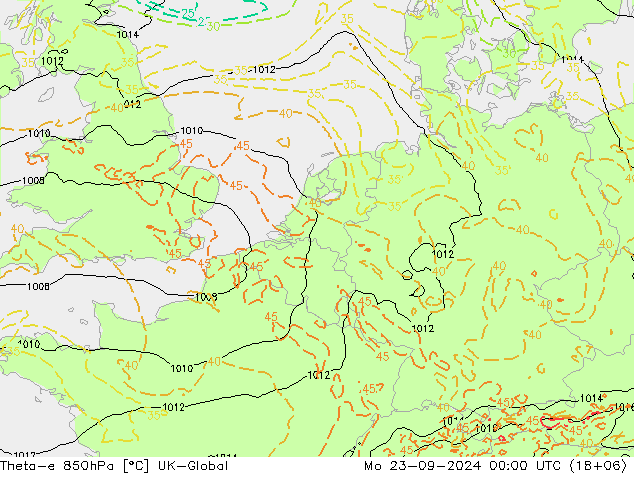 Theta-e 850hPa UK-Global Mo 23.09.2024 00 UTC