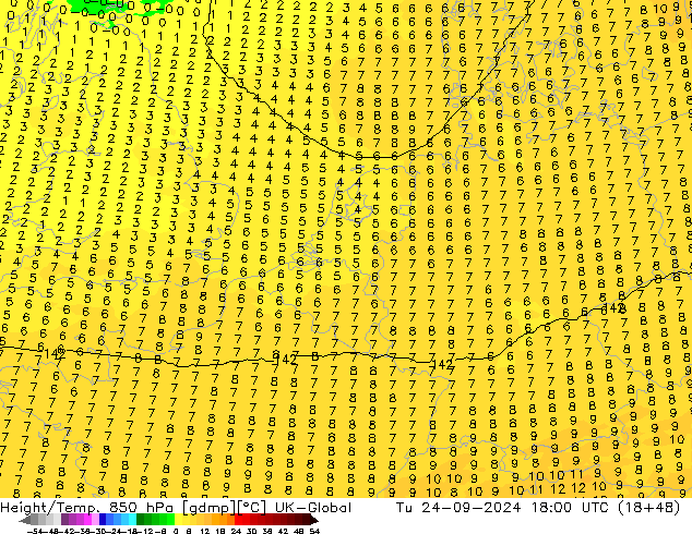 Height/Temp. 850 hPa UK-Global Tu 24.09.2024 18 UTC