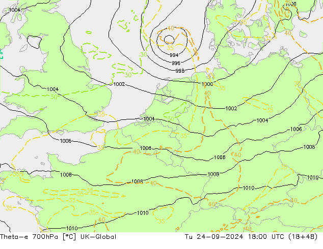 Theta-e 700hPa UK-Global Tu 24.09.2024 18 UTC