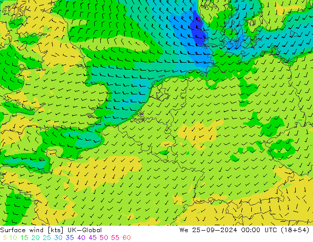 Viento 10 m UK-Global mié 25.09.2024 00 UTC