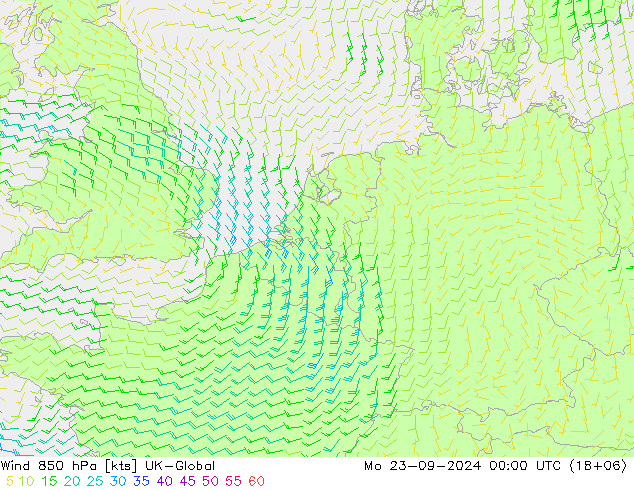 Wind 850 hPa UK-Global Mo 23.09.2024 00 UTC