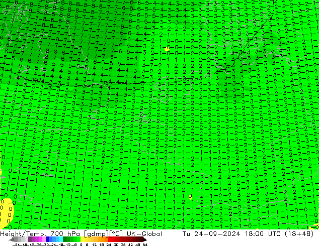 Height/Temp. 700 hPa UK-Global Di 24.09.2024 18 UTC