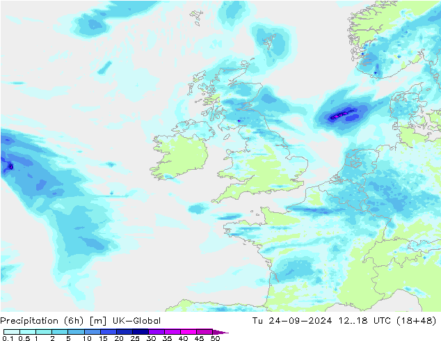 Precipitation (6h) UK-Global Tu 24.09.2024 18 UTC