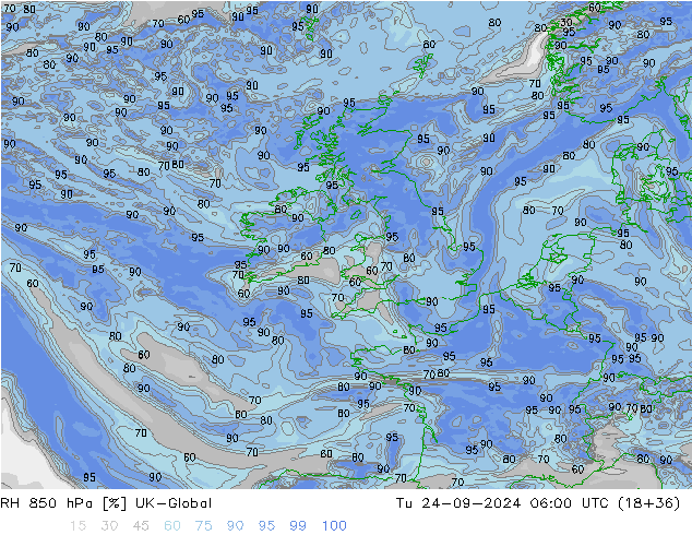 RH 850 hPa UK-Global Tu 24.09.2024 06 UTC