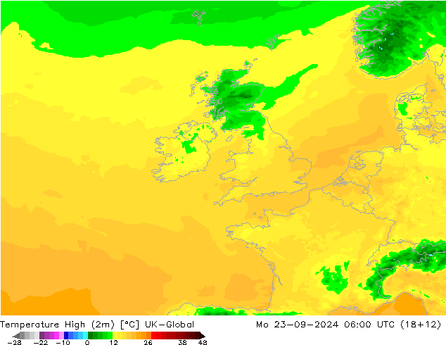 Temperature High (2m) UK-Global Mo 23.09.2024 06 UTC