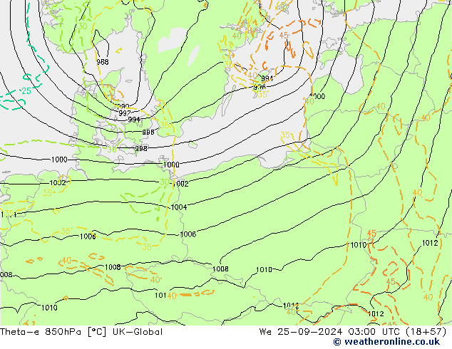 Theta-e 850hPa UK-Global śro. 25.09.2024 03 UTC