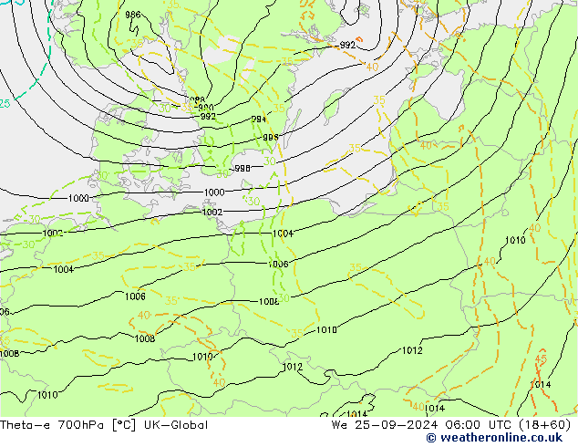 Theta-e 700hPa UK-Global Çar 25.09.2024 06 UTC