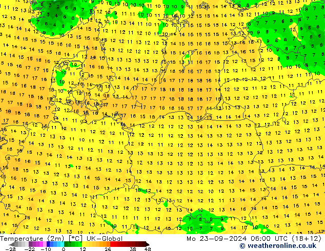 Temperature (2m) UK-Global Mo 23.09.2024 06 UTC