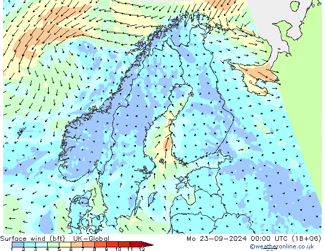 Surface wind (bft) UK-Global Mo 23.09.2024 00 UTC