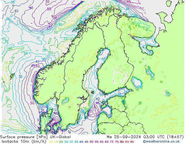 Isotachs (kph) UK-Global St 25.09.2024 03 UTC