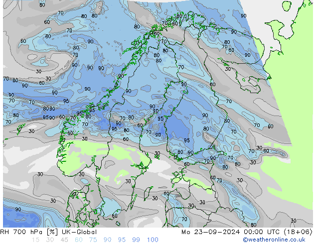 RH 700 hPa UK-Global Mo 23.09.2024 00 UTC