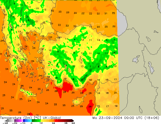 température (2m) UK-Global lun 23.09.2024 00 UTC