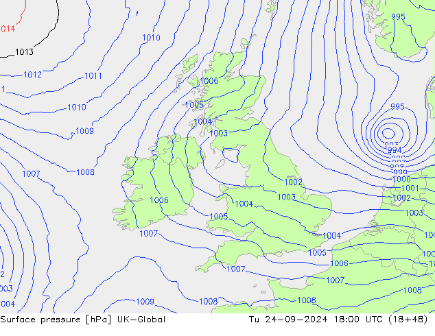 Surface pressure UK-Global Tu 24.09.2024 18 UTC