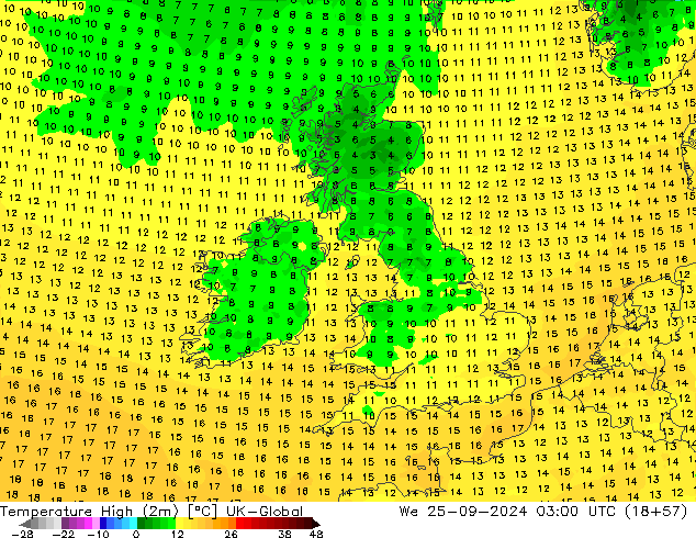 Temperature High (2m) UK-Global We 25.09.2024 03 UTC