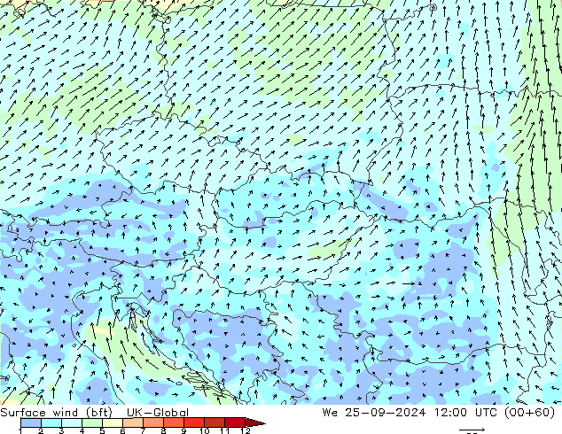 Surface wind (bft) UK-Global We 25.09.2024 12 UTC
