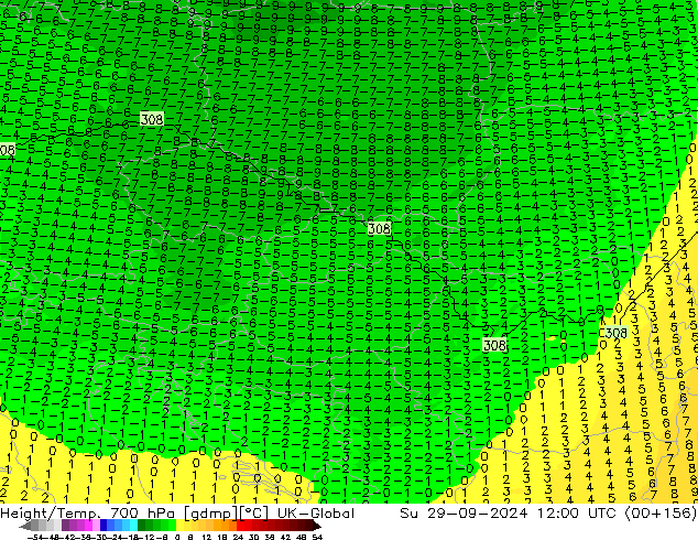 Geop./Temp. 700 hPa UK-Global dom 29.09.2024 12 UTC