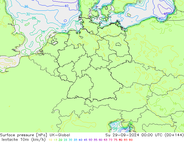 Isotachs (kph) UK-Global Su 29.09.2024 00 UTC