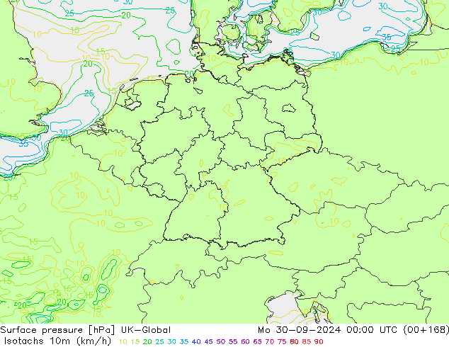 Izotacha (km/godz) UK-Global pon. 30.09.2024 00 UTC