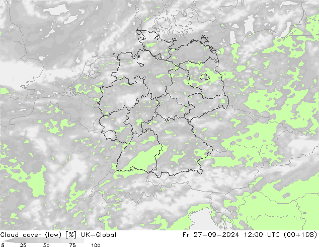 Cloud cover (low) UK-Global Fr 27.09.2024 12 UTC