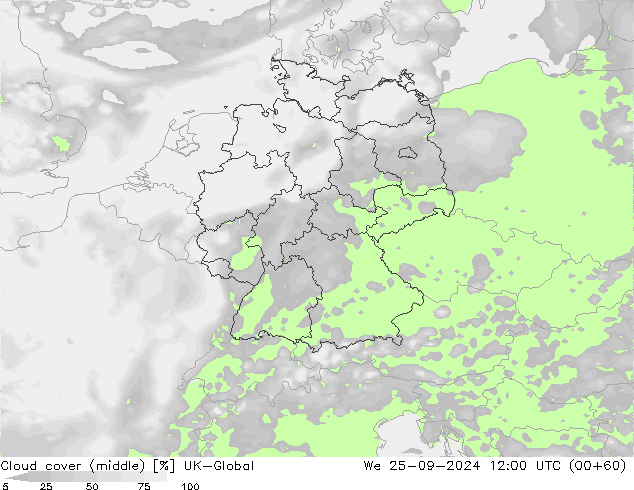 Cloud cover (middle) UK-Global We 25.09.2024 12 UTC