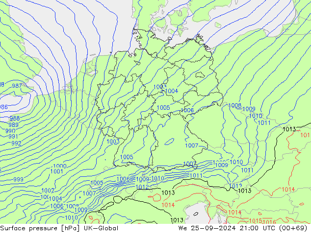 Pressione al suolo UK-Global mer 25.09.2024 21 UTC